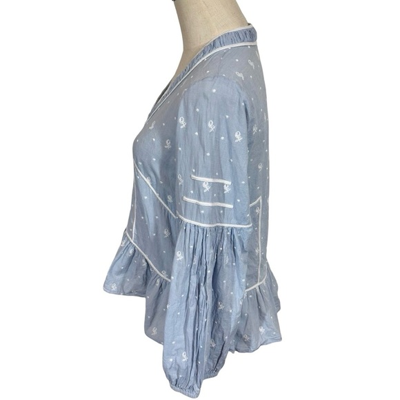 Ulla Johnson Etienne Blouse Chambray Floral Embroidered Swiss Dot - Picture 7 of 13